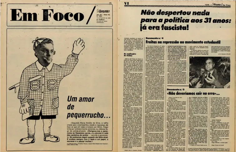 Caricatura de Freitas do Amaral como uma criança, segurando um bastão debaixo do braço e um livro de multas na mão, com o título "um amor de pequerrucho"